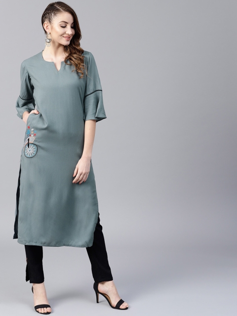 

Shakumbhari Women Grey Flared Sleeves Thread Work Kurta