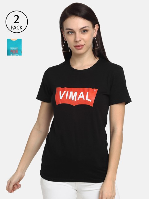 

VIMAL JONNEY Women Pack of 2 Typography Printed T-shirt, Black