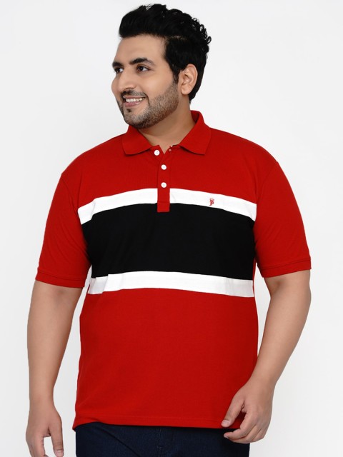 

John Pride Men Red & Black Striped Plus Size Polo Collar T-shirt