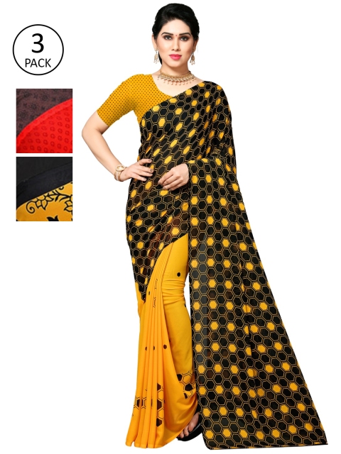 KALINI Pack Of 3 Poly Georgette Sarees, Black