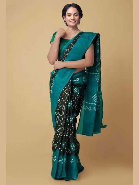 

Unnati Silks Green & White Bandhani Pure Cotton Handloom Bandhani Saree