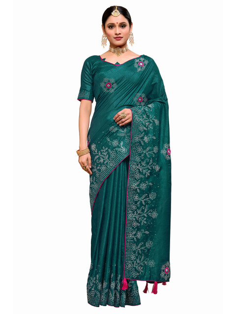 

SARIYA Green & Pink Embellished Beads and Stones Silk Blend Tussar Saree