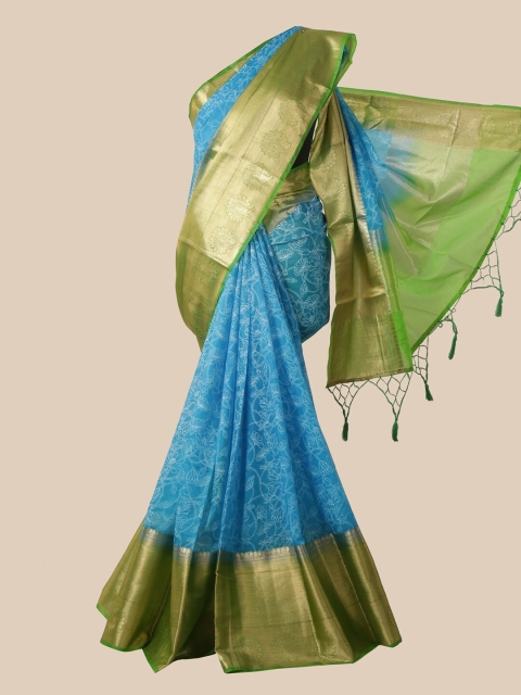 

Pothys Turquoise Blue & Green Floral Zari Silk Blend Tussar Saree