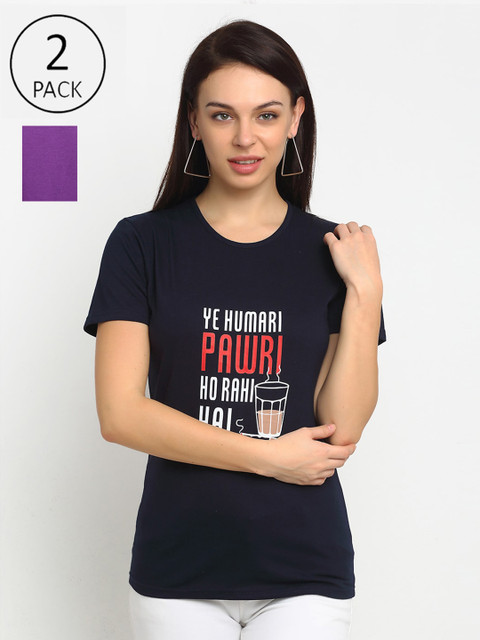 

VIMAL JONNEY Women Navy Blue & Purple Set of 2 Typography Printed T-shirt