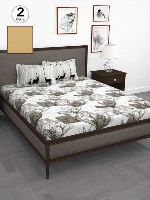 

Story@home Beige & White Floral 210 TC 2 King Bedsheet with 4 Pillow Covers