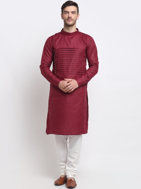 

Benstoke Men Maroon & White Tuck Pleated Kurta With Churidar