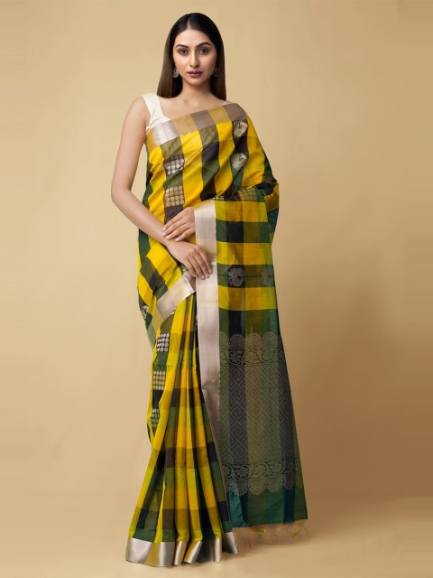

Unnati Silks Yellow & Olive Green Checked Zari Silk Cotton Handloom Saree
