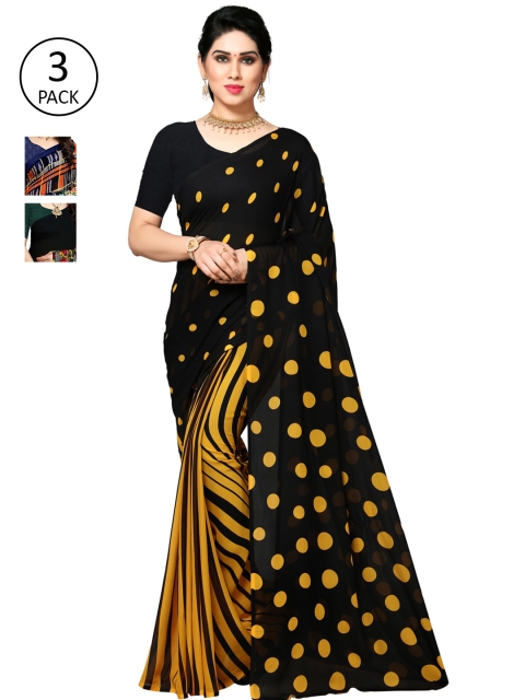 

KALINI Pack of 3 Poly Georgette Sarees, Black