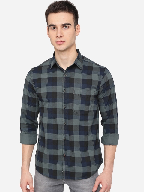 

Greenfibre Men Green & Blue Pure Cotton Slim Fit Checked Casual Shirt