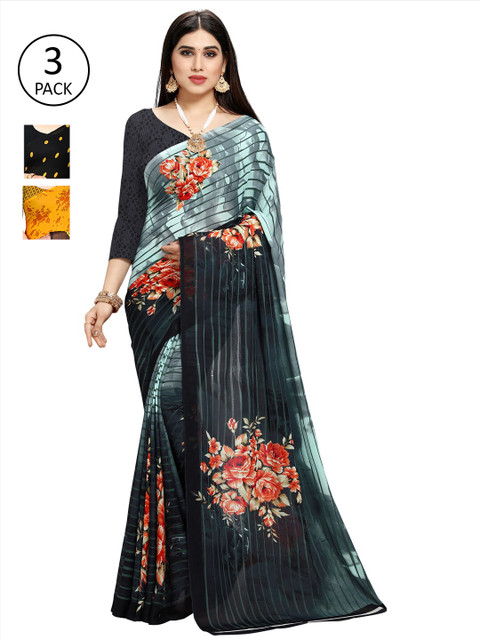 

KALINI Grey & Yellow Floral Pack of 3 Saree