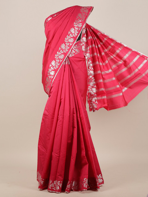 

Pothys Pink & Silver-Toned Floral Zari Art Silk Saree
