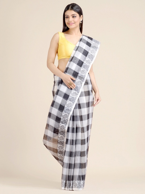 

Mitera Black & White Checked Pure Cotton Taant Saree