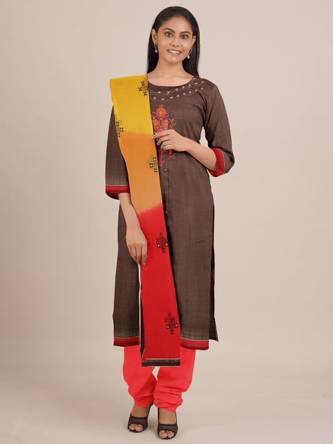 

Pothys Brown & Yellow Unstitched Dress Material