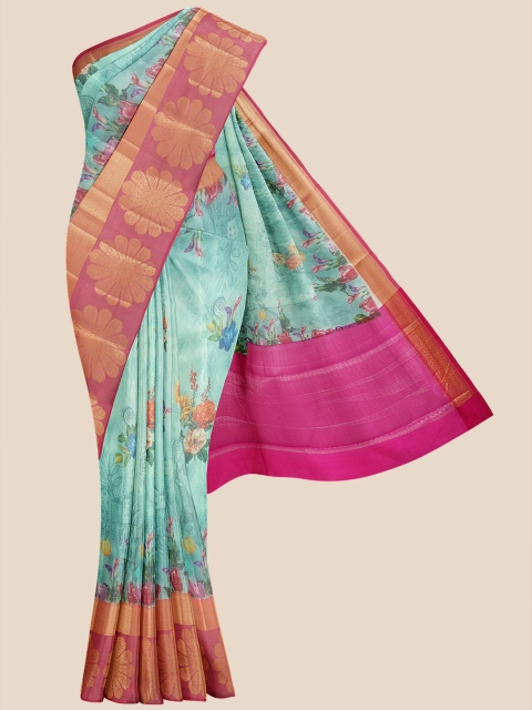 

Kalamandir Sea Green & Pink Floral Silk Blend Banarasi Saree