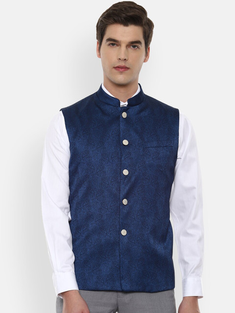 

V Dot Men Navy-Blue Printed Nehru Jacket