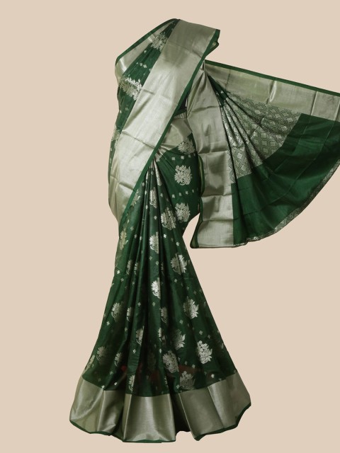 

Pothys Green & Silver-Toned Ethnic Motifs Zari Silk Blend Tussar Saree