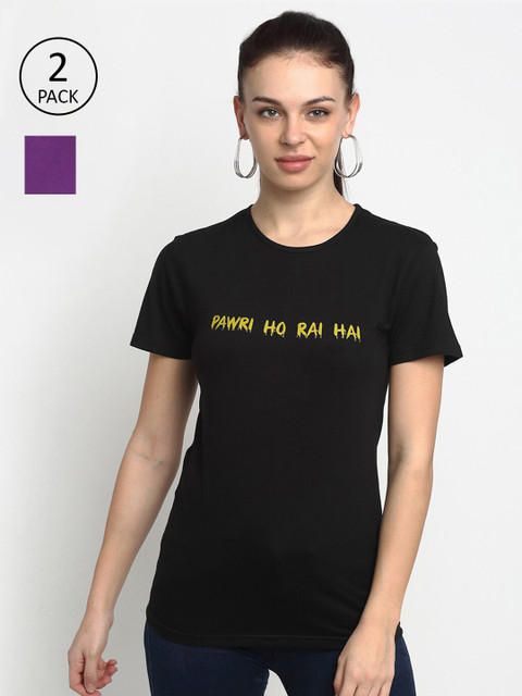 

VIMAL JONNEY Women Pack-2 Black& Purple Typography Printed T-shirt