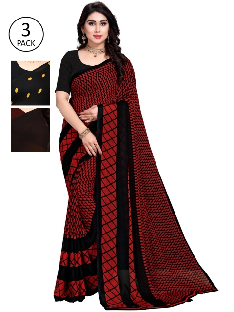 

KALINI Pack Of 3 Printed Sarees, Red