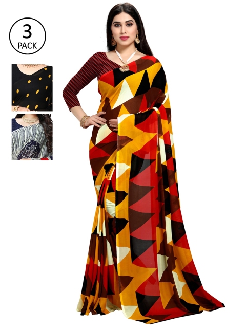 

KALINI Pack Of 3 Printed Sarees, Yellow