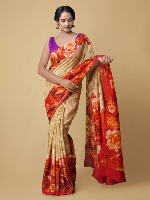 

Unnati Silks Women Camel Brown & Orange Digital Printed Crepe Soft Silk Saree