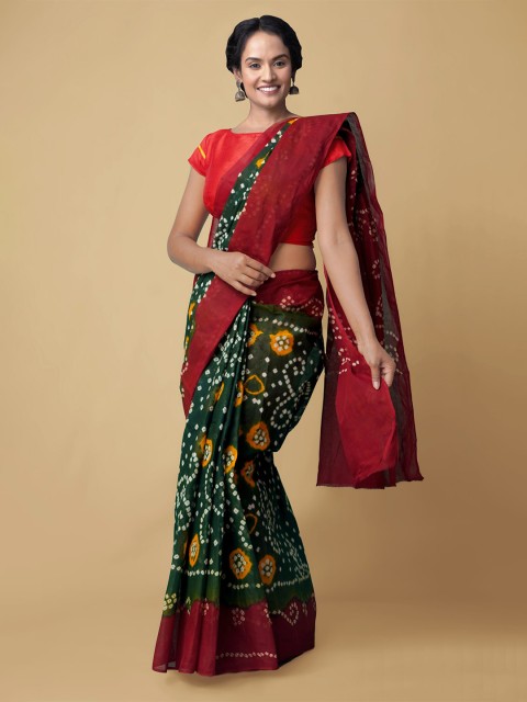 

Unnati Silks Green & Maroon Bandhani Pure Cotton Handloom Bandhani Saree