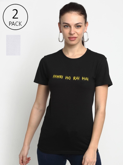 

VIMAL JONNEY Women Black & White Typography 2 Printed Cotton T-shirts