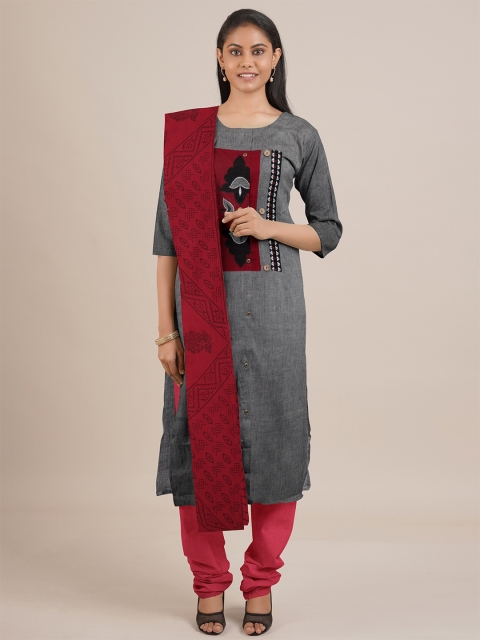 

Pothys Grey & Red Embroidered Unstitched Dress Material