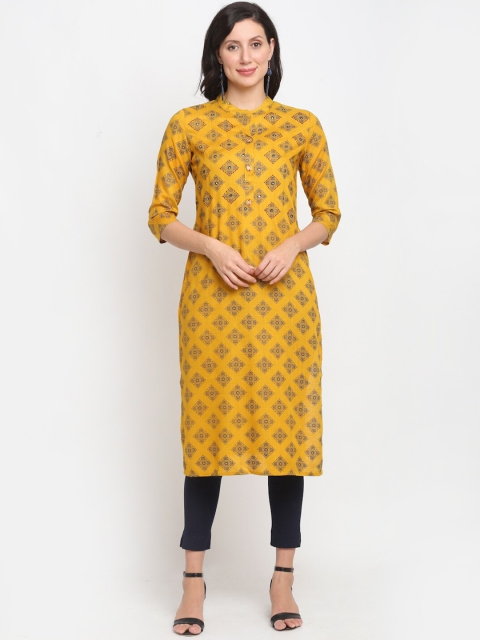 

Lovely Lady Women Mustard Yellow Ethnic Motifs Printed & Mirror Work Straight Kurta