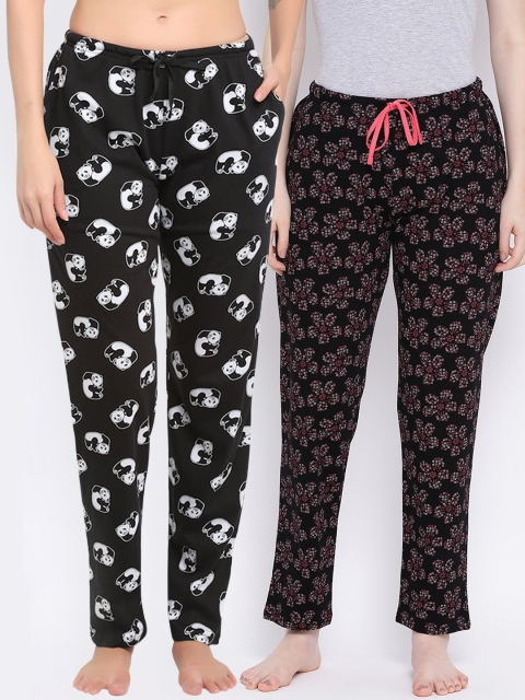 

Kanvin Women Pack Of 2 Printed Pure Cotton Lounge Pants, Black