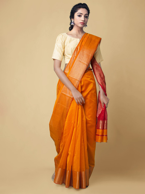 

Unnati Silks Orange & Beige Woven Design Zari Silk Cotton Maheshwari Saree