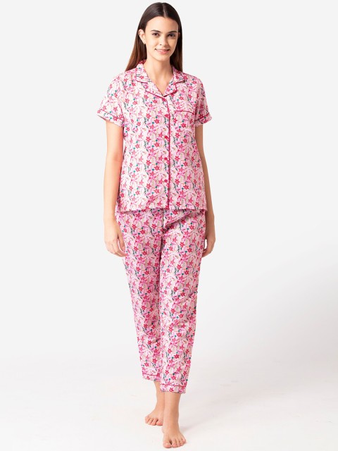 

Bellofox Women Pink & Green Printed Cotton Night Suit