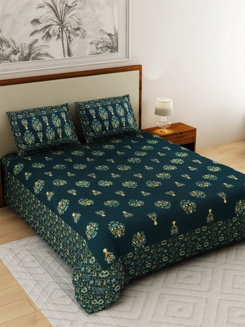 

Salona Bichona Teal & Beige Floral 120 TC King Bedsheet with 2 Pillow Covers