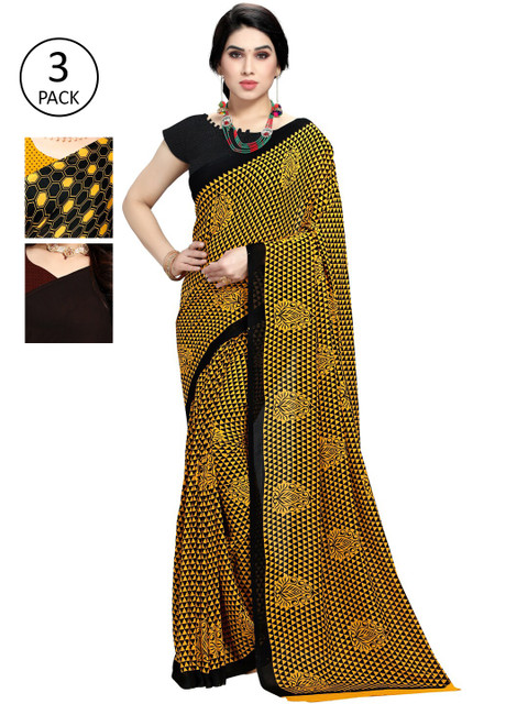 

KALINI Pack of 3 Poly Georgette Printed Sarees, Mustard