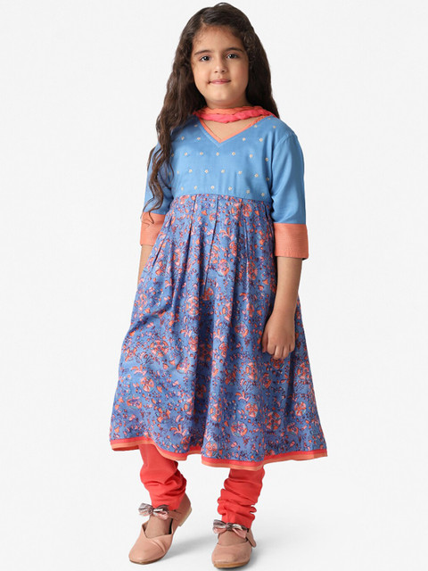 

Fabindia Girls Blue Printed Empire Kurta with Churidar & Dupatta