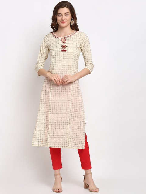 

Lovely Lady Cream-Coloured & Gold-Toned Printed Kantha Work Straight Kurta