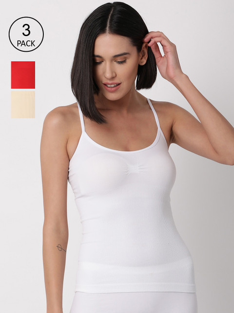 

GOLDSTROMS Women Pack Of 3 White & Red Solid Pure Cotton Camisoles
