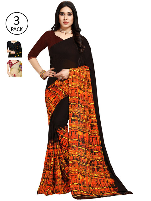

KALINI Pack Of 3 Printed Sarees, Black