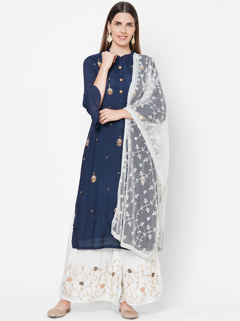 

FASHOR Women Navy Blue Striped Empire Kurti with Sharara & With Dupatta