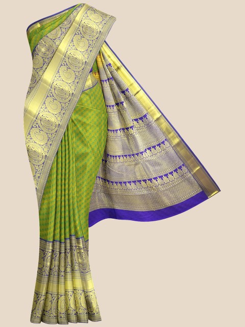 

Kalamandir Green & Gold-Toned Ethnic Motifs Zari Silk Blend Kanjeevaram Saree