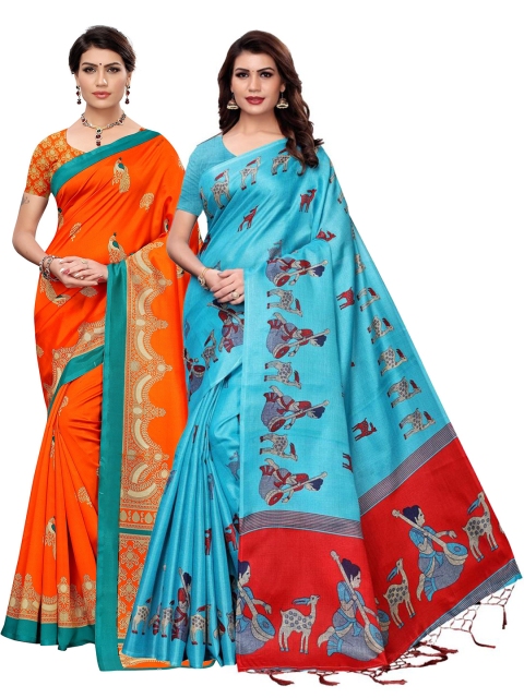 

KALINI Sea Green & Orange Art Silk Pack of 2 Printed Saree