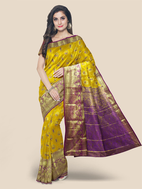

Kalamandir Mustard & Purple Woven Design Silk Blend Kanjeevaram Saree