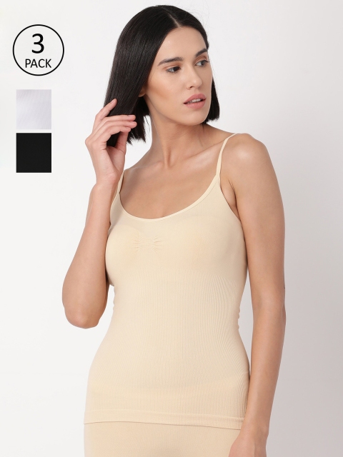 

GOLDSTROMS Women Pack Of 3 Beige & White Solid Seamless Camisoles