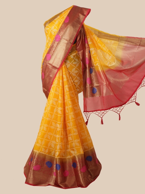 

Pothys Yellow & Red Checked Silk Blend Saree