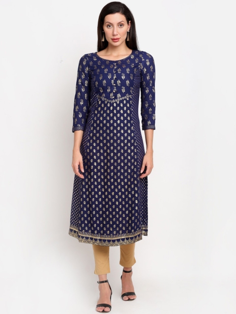 

Lovely Lady Women Navy Blue & Gold-Toned Printed Thread Work Kurta
