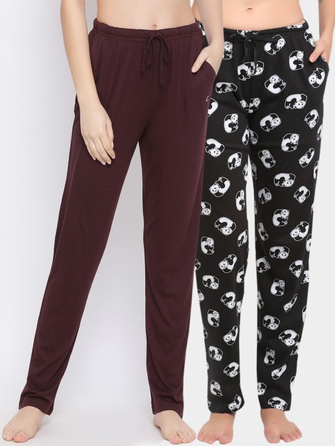 

Kanvin Women Pack Of 2 Printed Pure Cotton Lounge Pants, Black