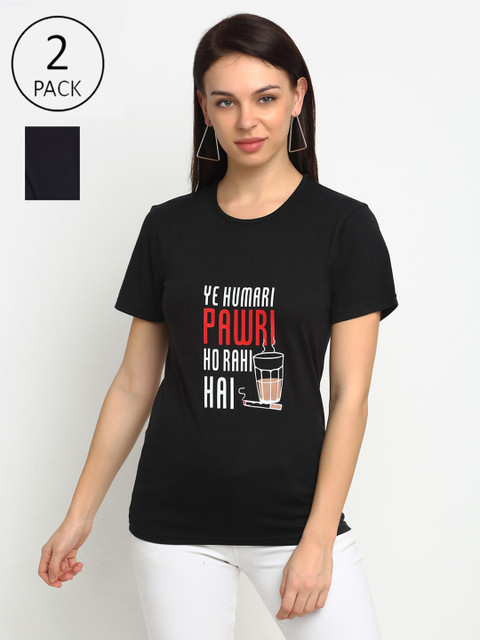 

VIMAL JONNEY Women Pack of 2 Typography Printed T-shirt, Black