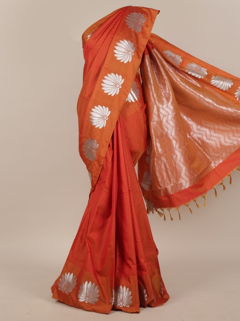 

Pothys Orange & Silver-Toned Floral Art Silk Saree