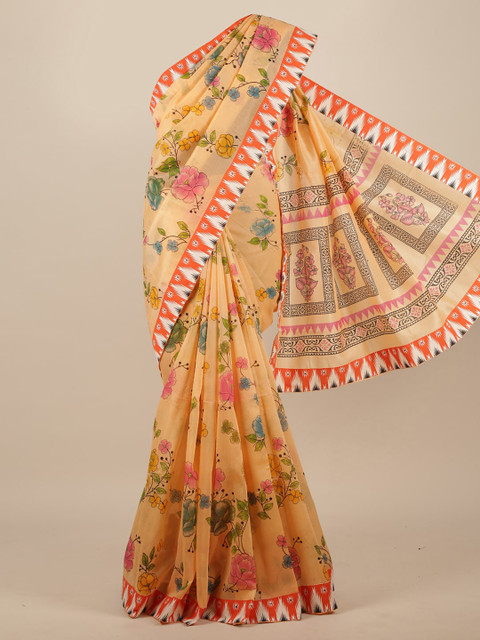 

Pothys Peach & Yellow Floral Patchwork Pure Cotton Saree