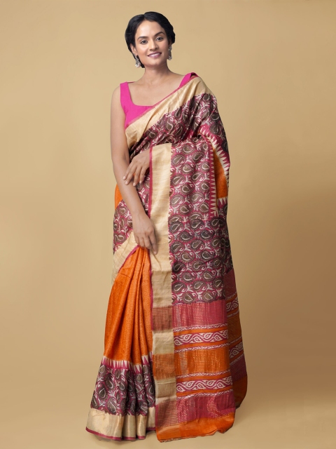 

Unnati Silks Orange & Pink Paisley Zari Pure Silk Handloom Tussar Saree