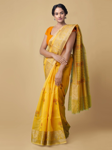 

Unnati Silks Yellow & Gold-Toned Ethnic Motifs Zari Net Handloom Saree